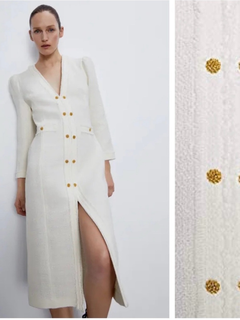 NWT Zara Tweed Midi Dress Gold Buttons Puff Shoulder Ivory, size large.